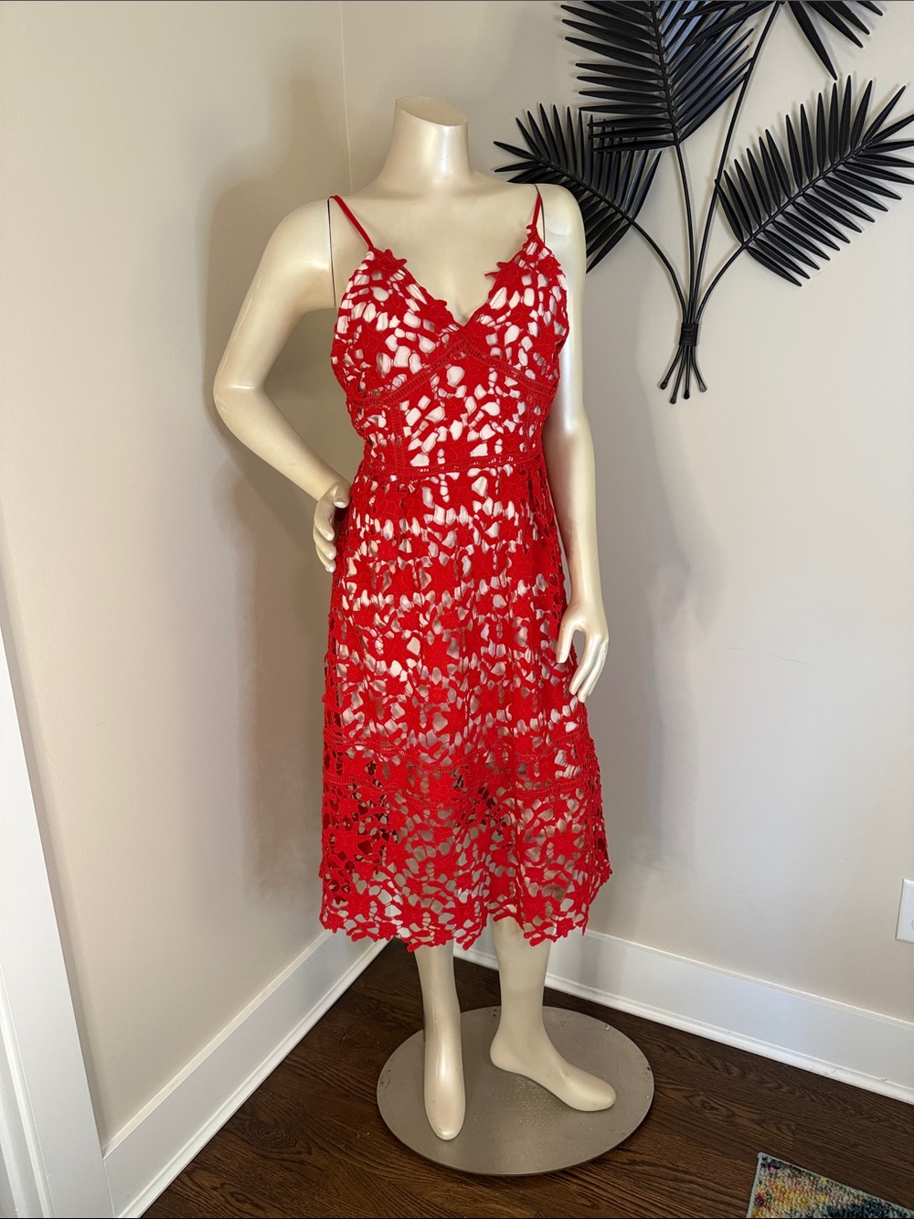 Red Lace Midi Dress with Spaghetti Straps